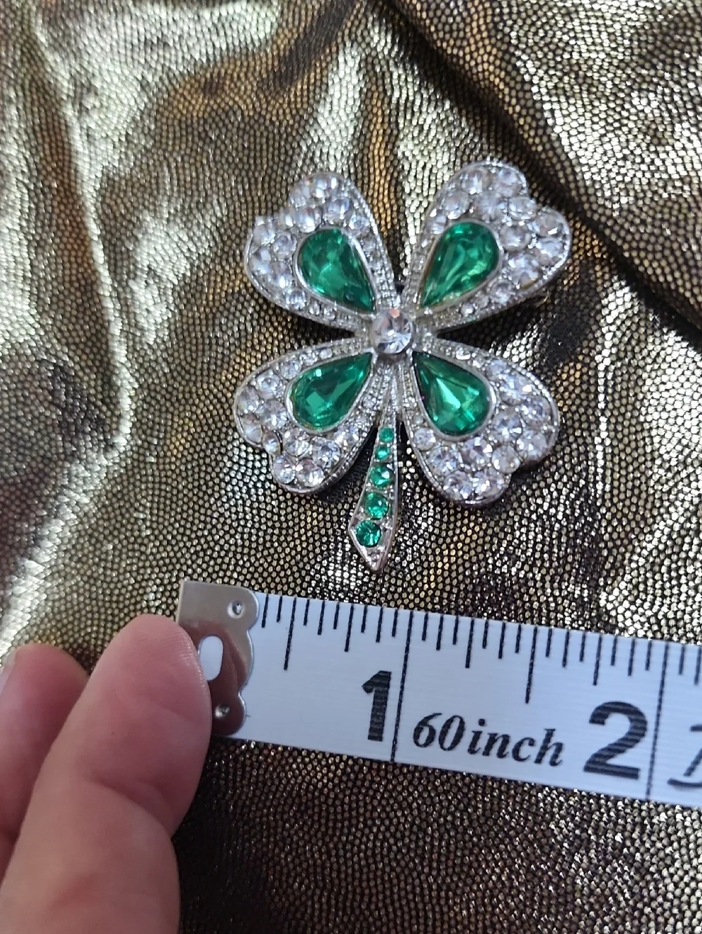 Faux Emerald Clover‎ Crystal Statement Brooch - Green & Silver